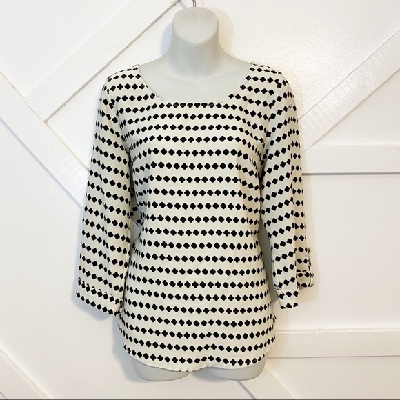 Brixon Ivy Geometric Clover Printed Long Cuff Sleeve Blouse White Black Sz M - Picture 1 of 8